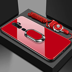 Coque Rebord Contour Silicone et Vitre Miroir Housse Etui avec Support Bague Anneau Magnetique pour Oppo A11 Rouge