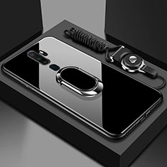 Coque Rebord Contour Silicone et Vitre Miroir Housse Etui avec Support Bague Anneau Magnetique pour Oppo A5 (2020) Noir