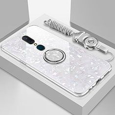 Coque Rebord Contour Silicone et Vitre Miroir Housse Etui avec Support Bague Anneau Magnetique pour Oppo A9 Blanc