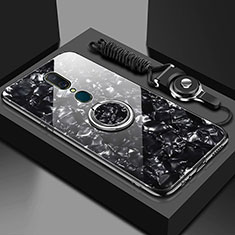 Coque Rebord Contour Silicone et Vitre Miroir Housse Etui avec Support Bague Anneau Magnetique pour Oppo A9 Noir