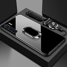 Coque Rebord Contour Silicone et Vitre Miroir Housse Etui avec Support Bague Anneau Magnetique pour Oppo A91 Noir