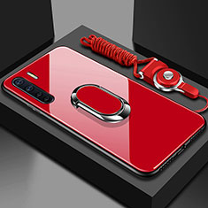 Coque Rebord Contour Silicone et Vitre Miroir Housse Etui avec Support Bague Anneau Magnetique pour Oppo A91 Rouge