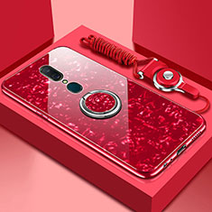 Coque Rebord Contour Silicone et Vitre Miroir Housse Etui avec Support Bague Anneau Magnetique pour Oppo A9X Rouge