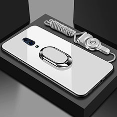 Coque Rebord Contour Silicone et Vitre Miroir Housse Etui avec Support Bague Anneau Magnetique pour Oppo Realme X Blanc
