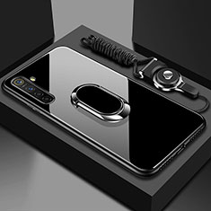 Coque Rebord Contour Silicone et Vitre Miroir Housse Etui avec Support Bague Anneau Magnetique pour Realme X2 Noir