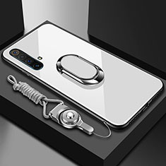 Coque Rebord Contour Silicone et Vitre Miroir Housse Etui avec Support Bague Anneau Magnetique pour Realme X3 SuperZoom Blanc