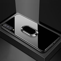 Coque Rebord Contour Silicone et Vitre Miroir Housse Etui avec Support Bague Anneau Magnetique pour Samsung Galaxy A70 Noir