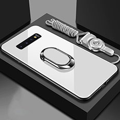 Coque Rebord Contour Silicone et Vitre Miroir Housse Etui avec Support Bague Anneau Magnetique pour Samsung Galaxy S10 5G Blanc