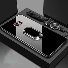 Coque Rebord Contour Silicone et Vitre Miroir Housse Etui avec Support Bague Anneau Magnetique pour Samsung Galaxy S7 Edge G935F Noir