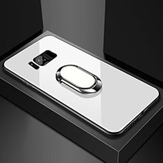 Coque Rebord Contour Silicone et Vitre Miroir Housse Etui avec Support Bague Anneau Magnetique pour Samsung Galaxy S8 Plus Blanc