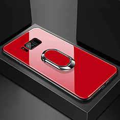 Coque Rebord Contour Silicone et Vitre Miroir Housse Etui avec Support Bague Anneau Magnetique pour Samsung Galaxy S8 Plus Rouge