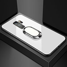 Coque Rebord Contour Silicone et Vitre Miroir Housse Etui avec Support Bague Anneau Magnetique pour Samsung Galaxy S9 Plus Blanc