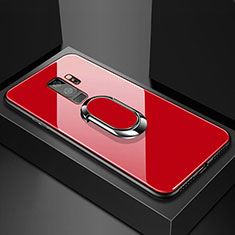 Coque Rebord Contour Silicone et Vitre Miroir Housse Etui avec Support Bague Anneau Magnetique pour Samsung Galaxy S9 Plus Rouge