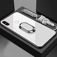 Coque Rebord Contour Silicone et Vitre Miroir Housse Etui avec Support Bague Anneau Magnetique pour Xiaomi Mi 6X Blanc