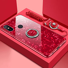 Coque Rebord Contour Silicone et Vitre Miroir Housse Etui avec Support Bague Anneau Magnetique pour Xiaomi Mi A2 Lite Rouge
