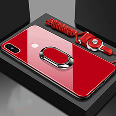 Coque Rebord Contour Silicone et Vitre Miroir Housse Etui avec Support Bague Anneau Magnetique pour Xiaomi Mi A2 Rouge