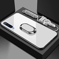 Coque Rebord Contour Silicone et Vitre Miroir Housse Etui avec Support Bague Anneau Magnetique pour Xiaomi Mi A3 Blanc