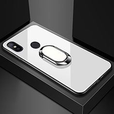 Coque Rebord Contour Silicone et Vitre Miroir Housse Etui avec Support Bague Anneau Magnetique pour Xiaomi Mi Max 3 Blanc