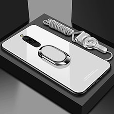 Coque Rebord Contour Silicone et Vitre Miroir Housse Etui avec Support Bague Anneau Magnetique pour Xiaomi Redmi 8 Blanc