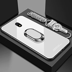 Coque Rebord Contour Silicone et Vitre Miroir Housse Etui avec Support Bague Anneau Magnetique pour Xiaomi Redmi 8A Blanc
