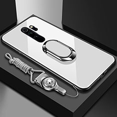 Coque Rebord Contour Silicone et Vitre Miroir Housse Etui avec Support Bague Anneau Magnetique pour Xiaomi Redmi Note 8 Pro Blanc