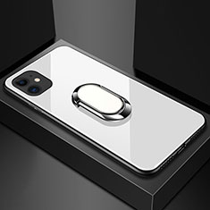 Coque Rebord Contour Silicone et Vitre Miroir Housse Etui avec Support Bague Anneau Magnetique T01 pour Apple iPhone 11 Blanc
