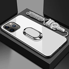 Coque Rebord Contour Silicone et Vitre Miroir Housse Etui avec Support Bague Anneau Magnetique T01 pour Apple iPhone 11 Pro Max Blanc