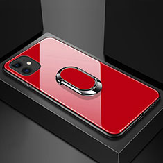 Coque Rebord Contour Silicone et Vitre Miroir Housse Etui avec Support Bague Anneau Magnetique T01 pour Apple iPhone 11 Rouge
