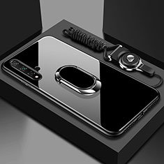 Coque Rebord Contour Silicone et Vitre Miroir Housse Etui avec Support Bague Anneau Magnetique T01 pour Huawei Nova 5 Noir
