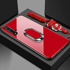 Coque Rebord Contour Silicone et Vitre Miroir Housse Etui avec Support Bague Anneau Magnetique T01 pour Huawei Nova 5 Pro Rouge