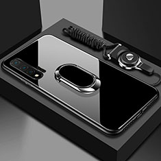 Coque Rebord Contour Silicone et Vitre Miroir Housse Etui avec Support Bague Anneau Magnetique T01 pour Huawei Nova 6 Noir