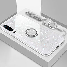 Coque Rebord Contour Silicone et Vitre Miroir Housse Etui avec Support Bague Anneau Magnetique T01 pour Huawei P30 Blanc