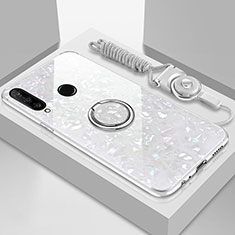 Coque Rebord Contour Silicone et Vitre Miroir Housse Etui avec Support Bague Anneau Magnetique T01 pour Huawei P30 Lite Blanc