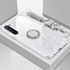 Coque Rebord Contour Silicone et Vitre Miroir Housse Etui avec Support Bague Anneau Magnetique T01 pour Oppo A91 Blanc
