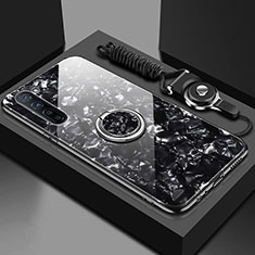 Coque Rebord Contour Silicone et Vitre Miroir Housse Etui avec Support Bague Anneau Magnetique T01 pour Oppo A91 Noir