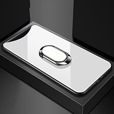Coque Rebord Contour Silicone et Vitre Miroir Housse Etui avec Support Bague Anneau Magnetique T01 pour Oppo Find X Blanc