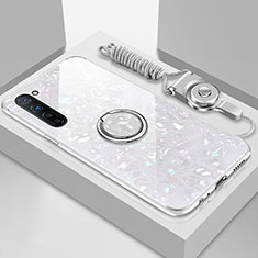 Coque Rebord Contour Silicone et Vitre Miroir Housse Etui avec Support Bague Anneau Magnetique T01 pour Oppo Find X2 Lite Blanc
