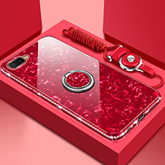 Coque Rebord Contour Silicone et Vitre Miroir Housse Etui avec Support Bague Anneau Magnetique T01 pour Oppo K1 Rouge
