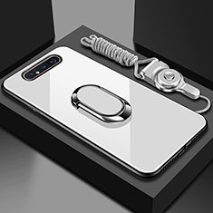 Coque Rebord Contour Silicone et Vitre Miroir Housse Etui avec Support Bague Anneau Magnetique T01 pour Samsung Galaxy A80 Blanc