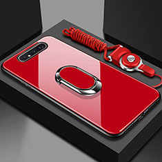 Coque Rebord Contour Silicone et Vitre Miroir Housse Etui avec Support Bague Anneau Magnetique T01 pour Samsung Galaxy A80 Rouge