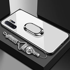 Coque Rebord Contour Silicone et Vitre Miroir Housse Etui avec Support Bague Anneau Magnetique T01 pour Samsung Galaxy Note 10 Plus 5G Blanc