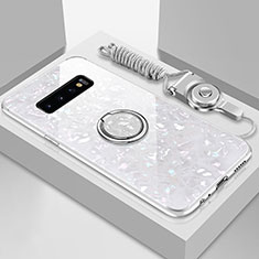 Coque Rebord Contour Silicone et Vitre Miroir Housse Etui avec Support Bague Anneau Magnetique T01 pour Samsung Galaxy S10 5G Blanc