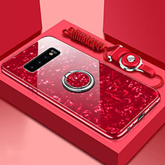Coque Rebord Contour Silicone et Vitre Miroir Housse Etui avec Support Bague Anneau Magnetique T01 pour Samsung Galaxy S10 5G Rouge