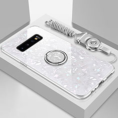 Coque Rebord Contour Silicone et Vitre Miroir Housse Etui avec Support Bague Anneau Magnetique T01 pour Samsung Galaxy S10 Plus Blanc