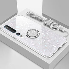 Coque Rebord Contour Silicone et Vitre Miroir Housse Etui avec Support Bague Anneau Magnetique T01 pour Xiaomi Mi 10 Blanc