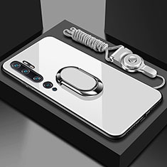 Coque Rebord Contour Silicone et Vitre Miroir Housse Etui avec Support Bague Anneau Magnetique T01 pour Xiaomi Mi Note 10 Blanc