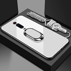 Coque Rebord Contour Silicone et Vitre Miroir Housse Etui avec Support Bague Anneau Magnetique T01 pour Xiaomi Redmi K20 Blanc