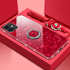 Coque Rebord Contour Silicone et Vitre Miroir Housse Etui avec Support Bague Anneau Magnetique T02 pour Apple iPhone 11 Rouge