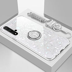 Coque Rebord Contour Silicone et Vitre Miroir Housse Etui avec Support Bague Anneau Magnetique T02 pour Huawei Nova 5 Blanc