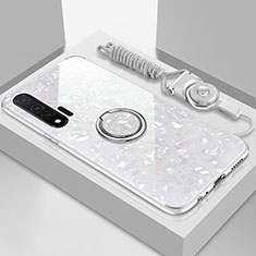 Coque Rebord Contour Silicone et Vitre Miroir Housse Etui avec Support Bague Anneau Magnetique T02 pour Huawei Nova 6 5G Blanc
